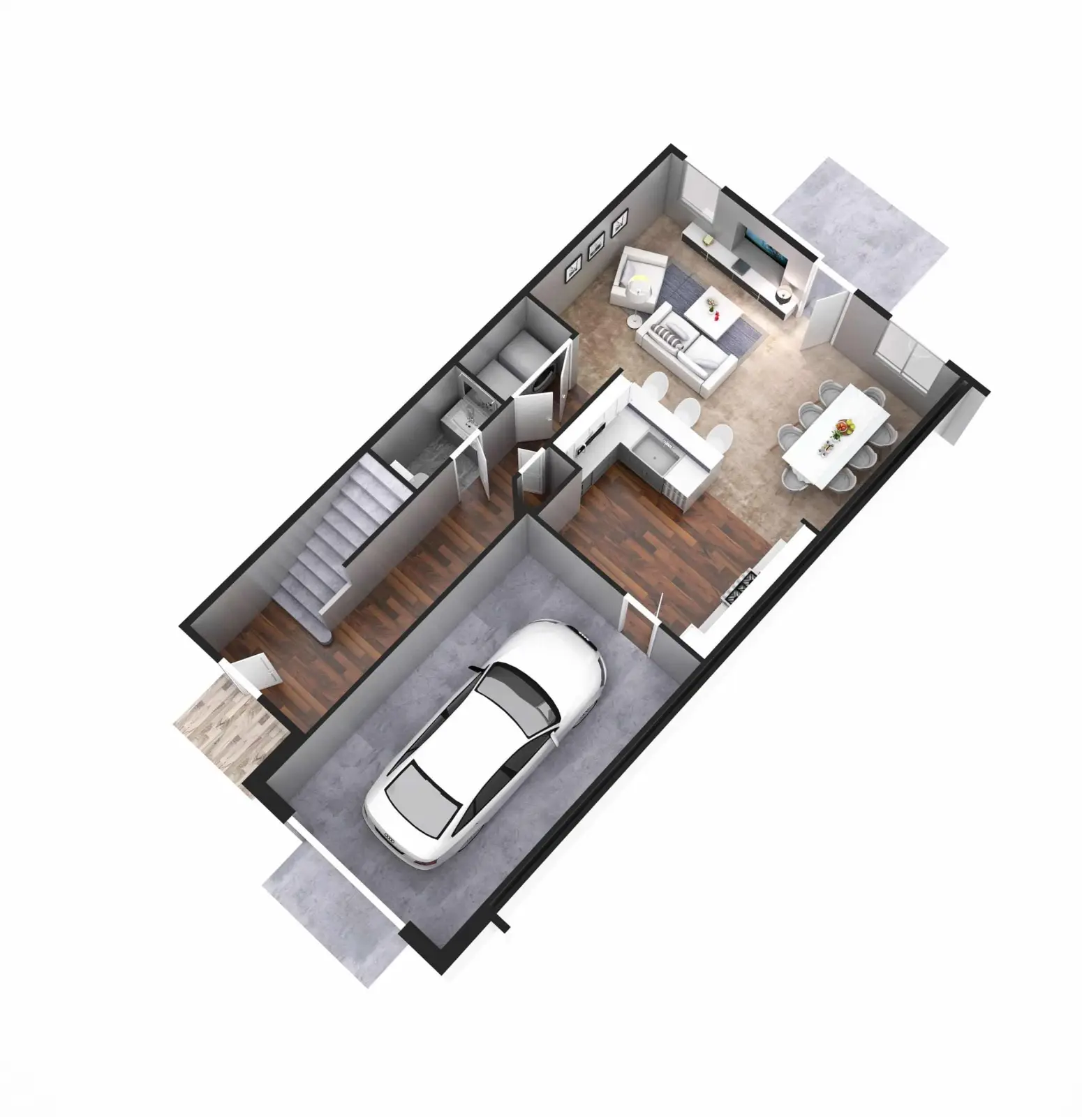 Riverside Townhome 3-bedroom unit, 1st floor 3D plan